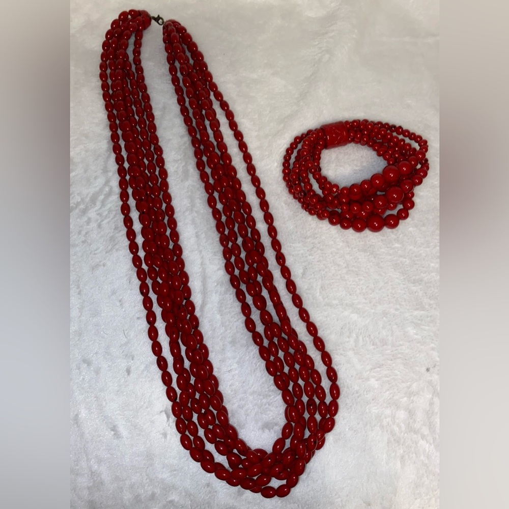 Red Beaded Necklace and Bracelet